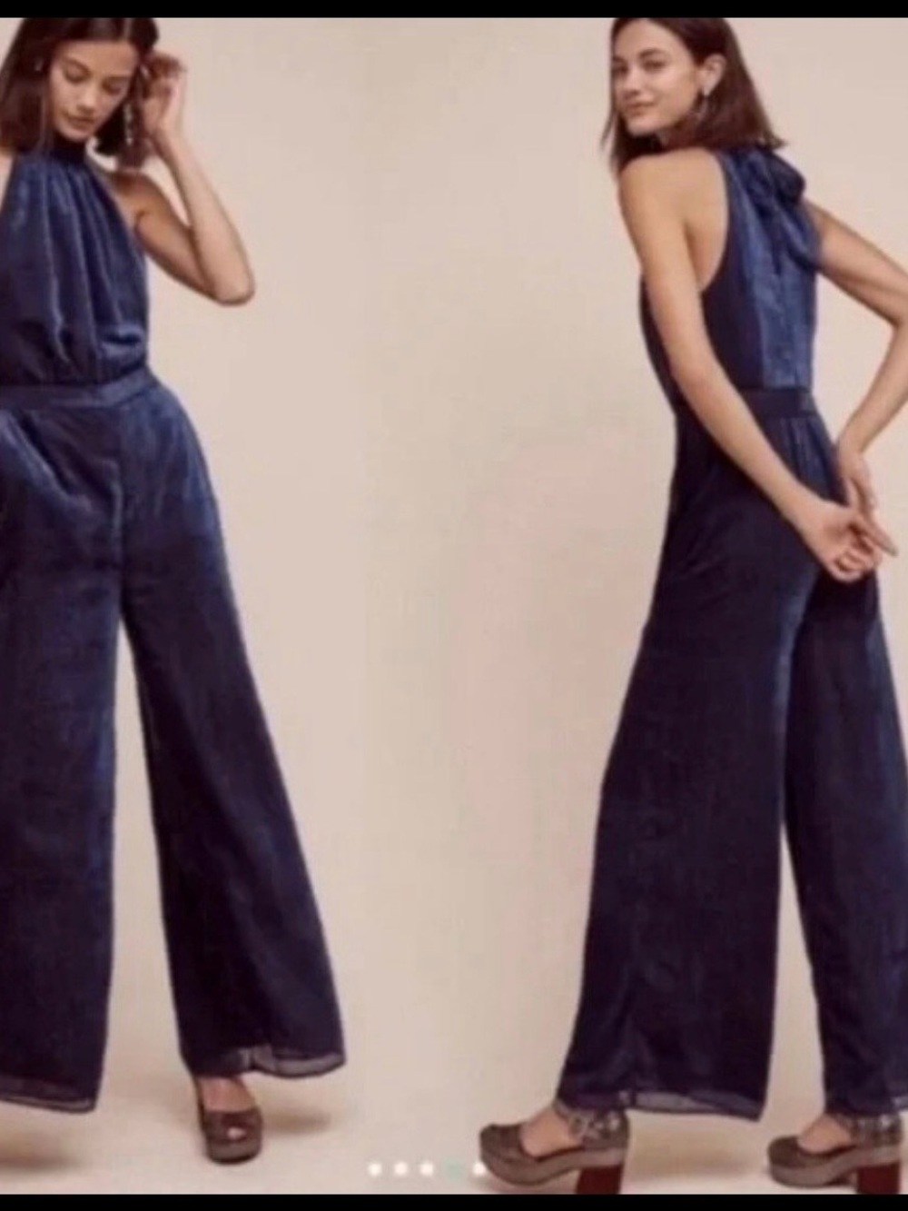 Anthropologie Elevenses Navy Velvet Wide-Leg Halter Jumpsuit